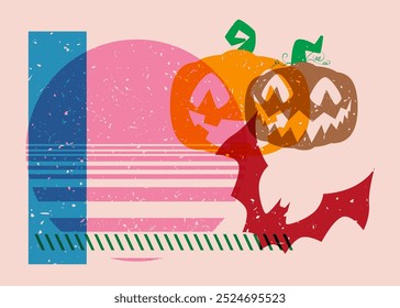 Risógrafo Jack O' Lantern y murciélago con Formas geométricas. Objetos de Halloween en diseño de estilo de textura de impresión de gráfico de riso de moda con Elementos de geometría.