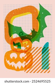 Risograph Jack O' Lantern and bat with geometric shapes. Halloween objects in trendy riso graph print texture style design with geometry elements.