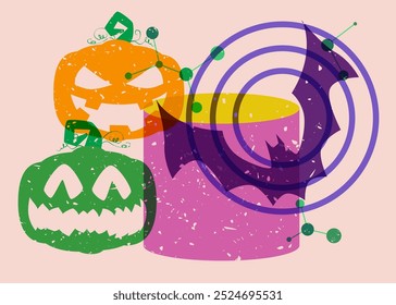 Risógrafo Jack O' Lantern y murciélago con Formas geométricas. Objetos de Halloween en diseño de estilo de textura de impresión de gráfico de riso de moda con Elementos de geometría.