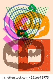 Risograph Jack O' Lantern with geometric shapes. Halloween pumpkin and objects in trendy riso graph print texture style design with geometry elements.