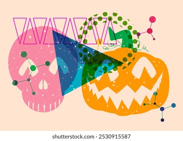 Risógrafo Jack O' Lanterna e crânio com formas geométricas. Objetos de Halloween em design de textura de impressão de gráfico de riso moderno com elementos de geometria.