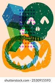 Risógrafo Jack O' Lanterna e crânio com formas geométricas. Objetos de Halloween em design de textura de impressão de gráfico de riso moderno com elementos de geometria.