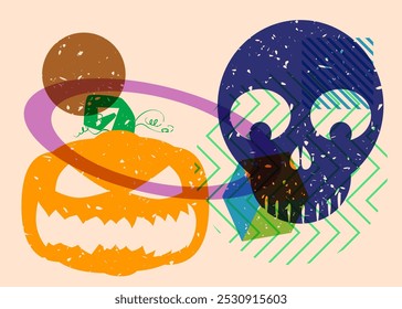 Risógrafo Jack O' Lanterna e crânio com formas geométricas. Objetos de Halloween em design de textura de impressão de gráfico de riso moderno com elementos de geometria.