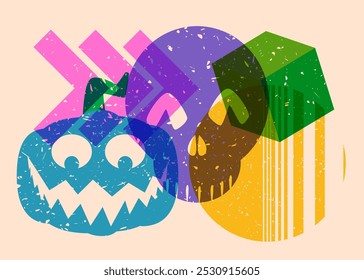 Risógrafo Jack O' Lanterna e crânio com formas geométricas. Objetos de Halloween em design de textura de impressão de gráfico de riso moderno com elementos de geometria.