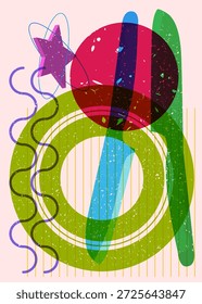 Risograph Faca de cozinha com formas geométricas. Objetos no design de estilo de textura de impressão de gráfico riso moderno com elementos de geometria.