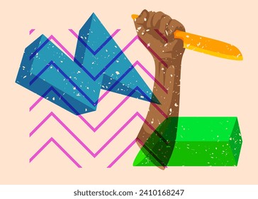 Risograph Kitchen Knife in hand with geometric shapes. Scary murderer object in trendy riso graph print texture style design with geometry elements.