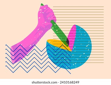 Risograph Kitchen Knife in hand with geometric shapes. Scary murderer object in trendy riso graph print texture style design with geometry elements.