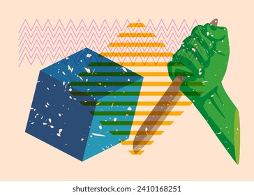 Risograph Kitchen Knife in hand with geometric shapes. Scary murderer object in trendy riso graph print texture style design with geometry elements.