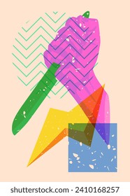 Risograph Kitchen Knife in hand with geometric shapes. Scary murderer object in trendy riso graph print texture style design with geometry elements.