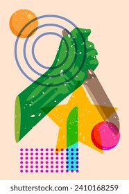 Risograph Kitchen Knife in Hand mit geometrischen Formen. Gruselige Mörder-Objekt in trendigem Riso Graphen Print Textur Stil Design mit Geometrie Elemente.