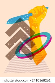 Cuchilla de cocina de Risograph con formas geométricas. Objeto asesino asustado en diseño de estilo de textura de impresión de riso a la moda con elementos geométricos.