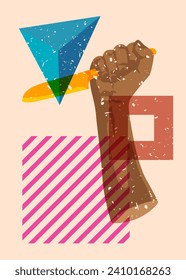 Risograph Kitchen Knife in Hand mit geometrischen Formen. Gruselige Mörder-Objekt in trendigem Riso Graphen Print Textur Stil Design mit Geometrie Elemente.