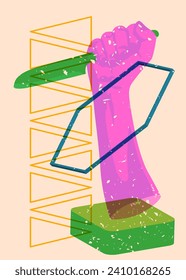 Cuchilla de cocina de Risograph con formas geométricas. Objeto asesino asustado en diseño de estilo de textura de impresión de riso a la moda con elementos geométricos.