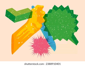 Risograph Kitchen Knife in hand with speech bubble and geometric shapes. Scary murderer object in trendy riso graph print texture style design with geometry elements.