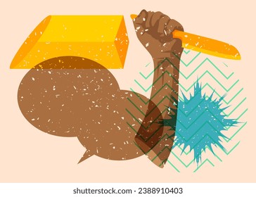 Risograph Kitchen Knife in hand with speech bubble and geometric shapes. Scary murderer object in trendy riso graph print texture style design with geometry elements.