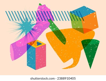 Risograph Kitchen Knife con burbujas de voz y formas geométricas. Objeto asesino asustado en diseño de estilo de textura de impresión de riso a la moda con elementos geométricos.