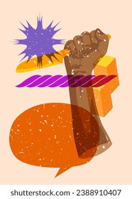 Risograph Kitchen Knife in hand with speech bubble and geometric shapes. Scary murderer object in trendy riso graph print texture style design with geometry elements.