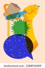 Risograph Kitchen Knife in hand with speech bubble and geometric shapes. Scary murderer object in trendy riso graph print texture style design with geometry elements.