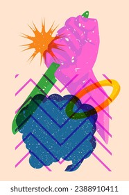 Risograph Kitchen Knife in hand with speech bubble and geometric shapes. Scary murderer object in trendy riso graph print texture style design with geometry elements.
