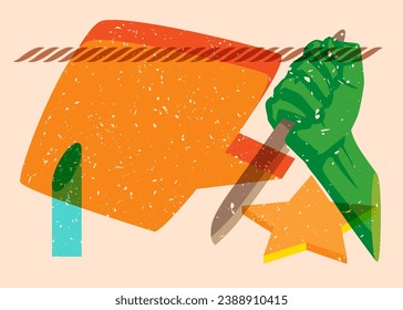 Risograph Kitchen Knife in Hand mit Sprachblase und geometrischen Formen. Gruselige Mörder-Objekt in trendigem Riso Graphen Print Textur Stil Design mit Geometrie Elemente.