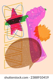 Risograph Kitchen Knife in hand with speech bubble and geometric shapes. Scary murderer object in trendy riso graph print texture style design with geometry elements.