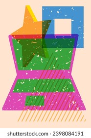 Risograph Laptop with geometric shapes. Objects in trendy riso graph print texture style design with geometry elements.
