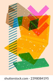 Portátil Risograph con formas geométricas. Objetos en diseño de estilo de textura de impresión del gráfico de riso con elementos geométricos.