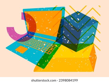 Risograph Laptop with geometric shapes. Objects in trendy riso graph print texture style design with geometry elements.