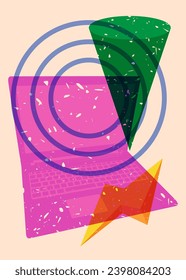 Risograph Laptop with geometric shapes. Objects in trendy riso graph print texture style design with geometry elements.