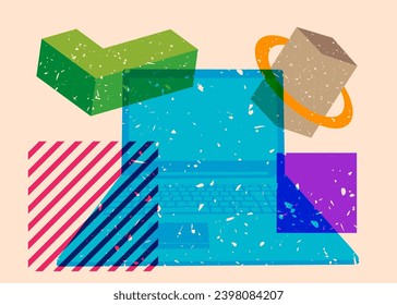 Risograph Laptop with geometric shapes. Objects in trendy riso graph print texture style design with geometry elements.