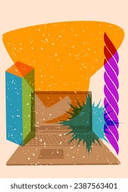Portátil Risograph con burbuja de voz y formas geométricas. Objetos en diseño de estilo de textura de impresión del gráfico de riso con elementos geométricos.