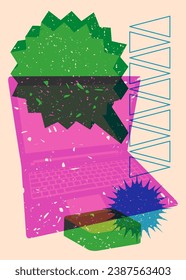 Portátil Risograph con burbuja de voz y formas geométricas. Objetos en diseño de estilo de textura de impresión del gráfico de riso con elementos geométricos.