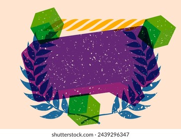 Risograph Laurel Wreath with speech bubble with geometric shapes. Objects in trendy riso graph print texture style design with geometry elements.