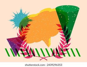 Risograph Laurel Wreath with speech bubble with geometric shapes. Objects in trendy riso graph print texture style design with geometry elements.