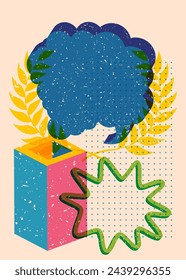 Risograph Laurel Wreath with speech bubble with geometric shapes. Objects in trendy riso graph print texture style design with geometry elements.