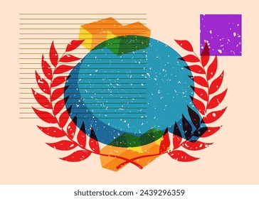 Risograph Laurel Wreath with speech bubble with geometric shapes. Objects in trendy riso graph print texture style design with geometry elements.