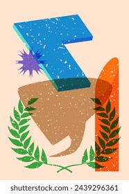 Risograph Laurel Wreath with speech bubble with geometric shapes. Objects in trendy riso graph print texture style design with geometry elements.