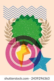 Risograph Laurel Wreath with speech bubble with geometric shapes. Objects in trendy riso graph print texture style design with geometry elements.