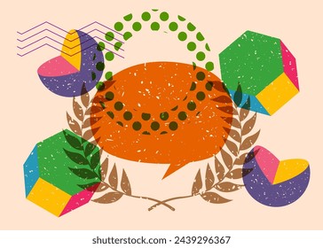 Risograph Laurel Wreath with speech bubble with geometric shapes. Objects in trendy riso graph print texture style design with geometry elements.