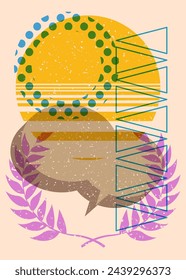 Risograph Laurel Wreath with speech bubble with geometric shapes. Objects in trendy riso graph print texture style design with geometry elements.