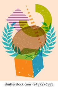 Risograph Laurel Wreath with speech bubble with geometric shapes. Objects in trendy riso graph print texture style design with geometry elements.