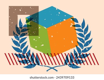 Risograph Leaf Wreath with geometric shapes. Objects in trendy riso graph print texture style design with geometry elements.