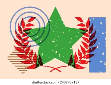 Risograph Leaf Wreath with geometric shapes. Objects in trendy riso graph print texture style design with geometry elements.