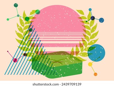 Risograph Leaf Wreath with geometric shapes. Objects in trendy riso graph print texture style design with geometry elements.