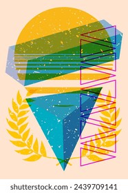 Risograph Leaf Wreath with geometric shapes. Objects in trendy riso graph print texture style design with geometry elements.