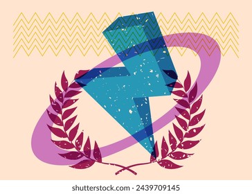 Risograph Leaf Wreath with geometric shapes. Objects in trendy riso graph print texture style design with geometry elements.