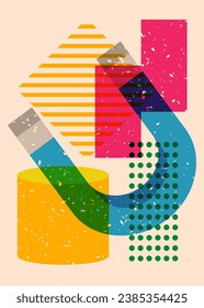 Risograph magnet with geometric shapes. Horseshoe Magnet with objects in trendy riso graph print texture style design with geometry elements.