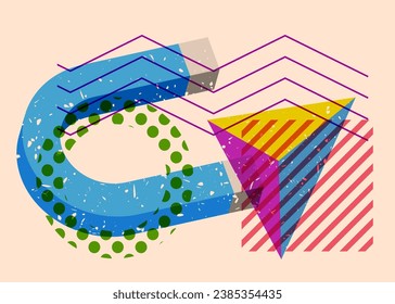 Risograph magnet with geometric shapes. Horseshoe Magnet with objects in trendy riso graph print texture style design with geometry elements.