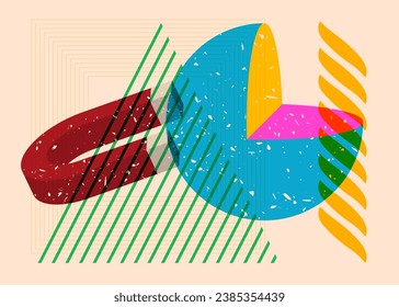 Risograph magnet with geometric shapes. Horseshoe Magnet with objects in trendy riso graph print texture style design with geometry elements.