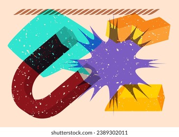 Risograph magnet with speech bubble and geometric shapes. Horseshoe Magnet with objects in trendy riso graph print texture style design with geometry elements.